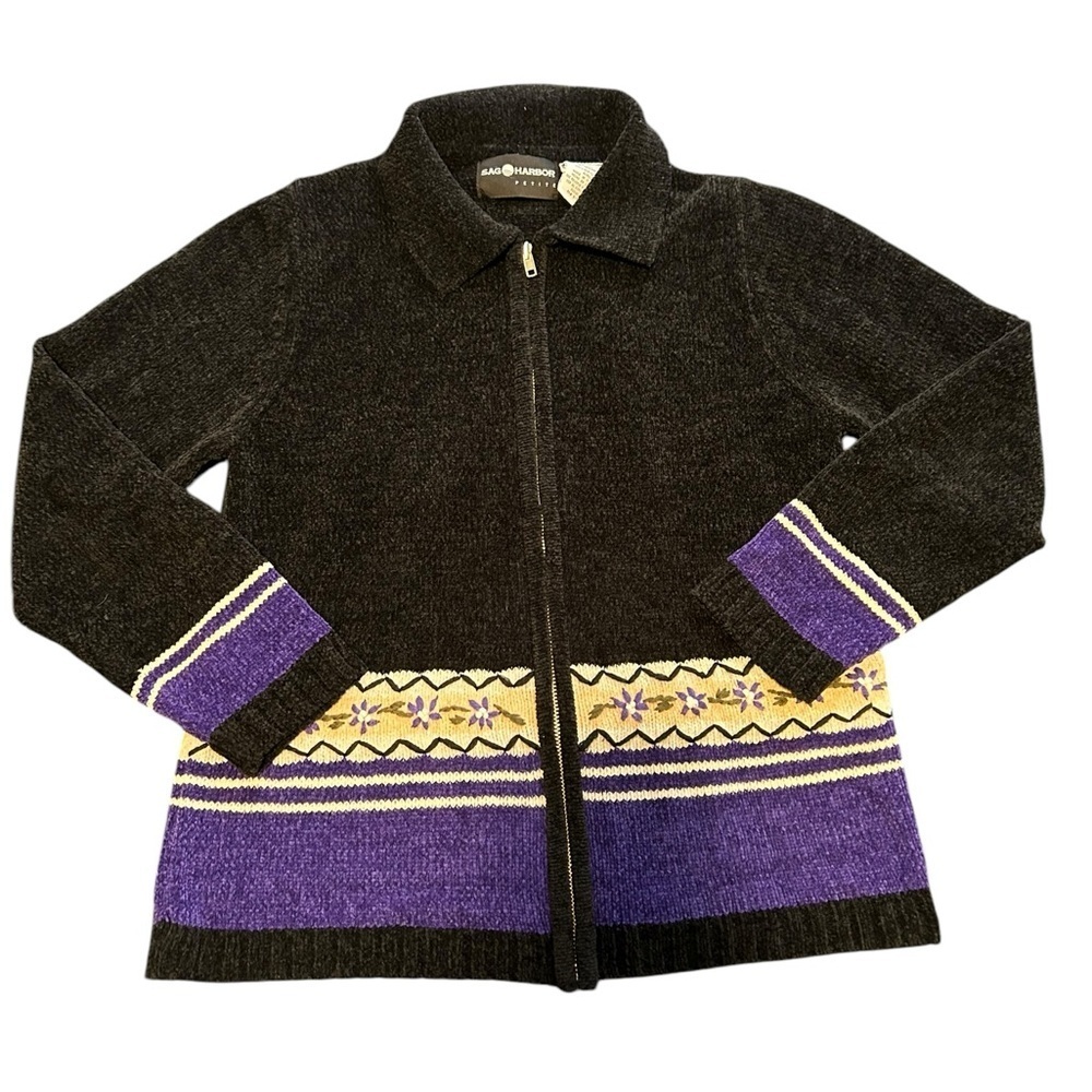 Sag Harbour Petite Medium Vintage collared Black and Purple full zip sweater top